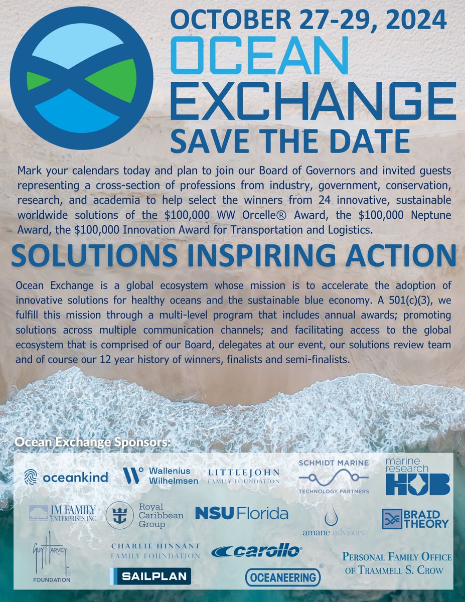 Save the date! Ocean Exchange 2024 is here, October 27th-29th. Help select the winners from 24 innovative, sustainable worldwide solutions of our three $100,000 USD Awards. #OceanExchange #OceanExchange24 #blueeconomy #startups #oceaneconomy