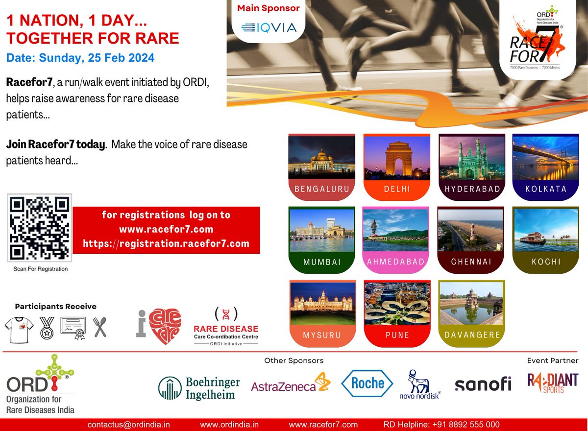 Are you participating at the annual #Racefor7 event? An awareness run about #rarediseases and to empower patients and their families with access to national and international resources, organised by @ORDIndia 25 Feb '24 racefor7.com/about/ @3RakeshMishra @Prasannashirol