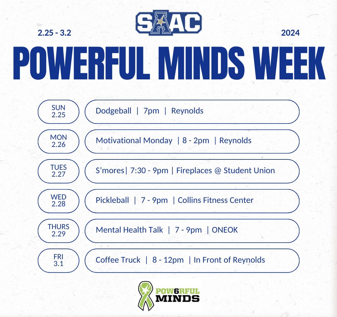 Powerful Minds begins this Sunday! Looking forward to the week of upcoming events! 👑🌀

#powerfulminds 
@American_SAAC 
@TulsaHurricane 
@utulsa