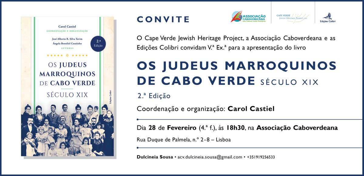 CVJHP's tweet photo. Não esqueçam! Don't forget! Come to our book launch on the #Moroccan #Jews of #CaboVerde. 
Where: Lisbon,  28 February, Associação Caboverdeana. See details below @Lusa_noticias @AP @ReutersAfr6642 @sammednick @nytimesworld 👇 https://t.co/tPBAj002X0