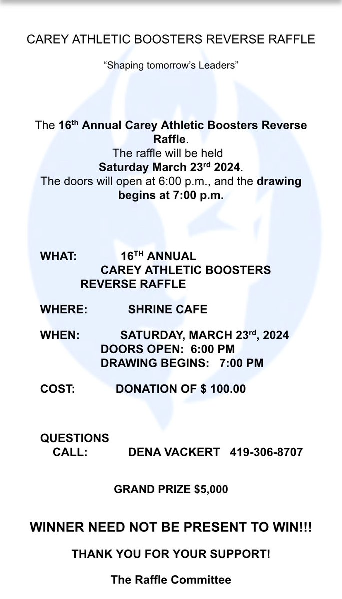 We will be selling tickets at the Boys Basketball game tonight versus Upper Sandusky. Tickets are $100 for a chance at $5,000!! Thank you for your continued support of the student athletes at Carey High School!! GO BLUE!