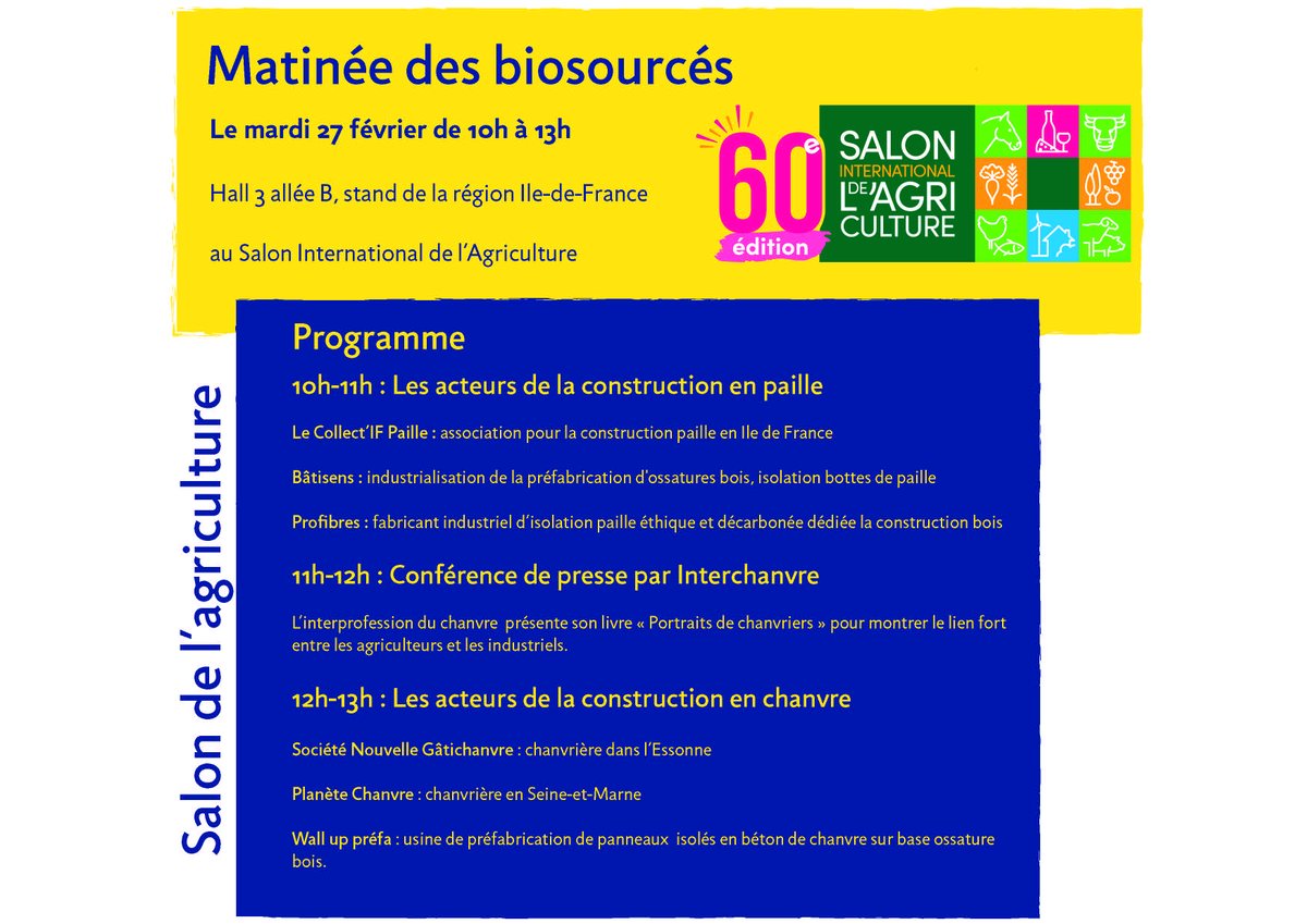 Ekopolis (@ekopolis) on Twitter photo 👁🗨 Matinée #biosourcés au <a href="/Salondelagri/">Salon International de l'Agriculture</a> la semaine prochaine !
Découvrez les atouts des ressources agricoles pour la #construction et échangez avec les représentants des filières #paille et #chanvre.
📍 RDV mardi 27/02 à 10h sur le stand <a href="/iledefrance/">Région Île-de-France</a> (hall 3, allée B) 👁🗨 Matinée #biosourcés au <a href="/Salondelagri/">Salon International de l'Agriculture</a> la semaine prochaine !
Découvrez les atouts des ressources agricoles pour la #construction et échangez avec les représentants des filières #paille et #chanvre.
📍 RDV mardi 27/02 à 10h sur le stand <a href="/iledefrance/">Région Île-de-France</a> (hall 3, allée B)
