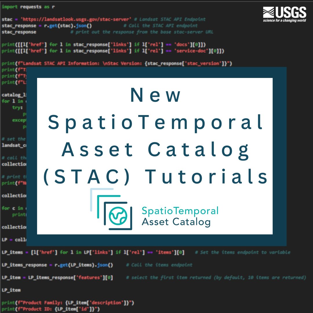 USGSLandsat's tweet image. Have you heard of the SpatioTemporal Asset Catalog (STAC)? STAC allows you to download multiple Landsat scenes/metadata from the cloud. There are two new STAC tutorials! Learn more about STAC and these tutorials here: ow.ly/Zrw550QH93N