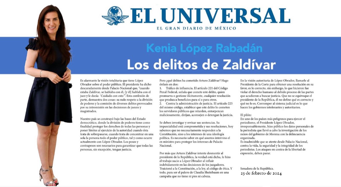 kenialopezr's tweet image. ¿Qué delitos ha cometido Arturo Zaldívar?

1. Tráfico de influencia.
2. Contra la administración de justicia.

Se deben investigar y revisar sus sentencias. Zaldívar le hizo el trabajo sucio a @lopezobrador_.

Mi opinión en @El_Universal_Mx: