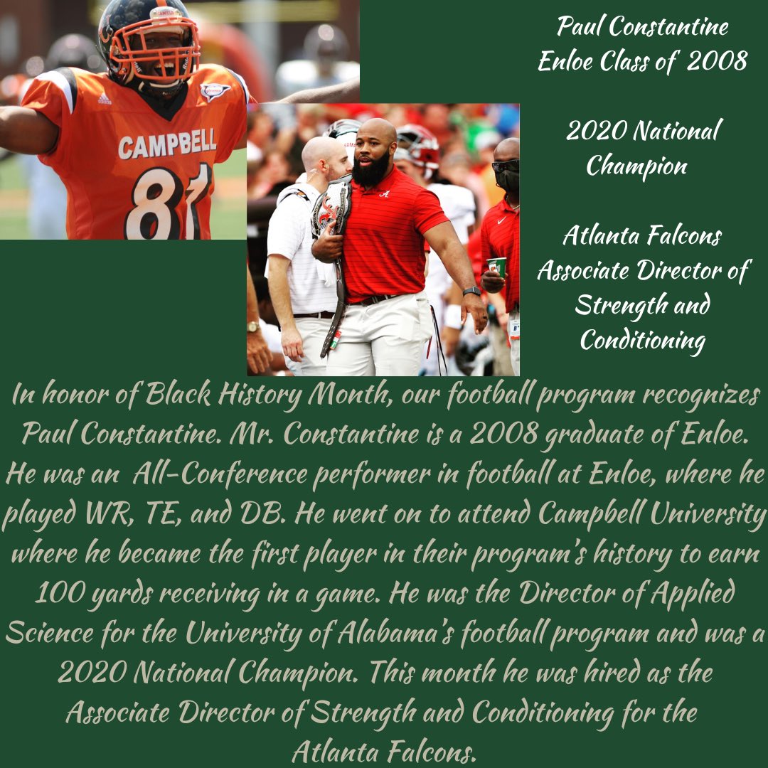 Congratulations to Enloe Football Alum @PCStrength_81 on his recent hire with the @AtlantaFalcons ! Our program is proud of you! 🦅🏈 #EaglePride