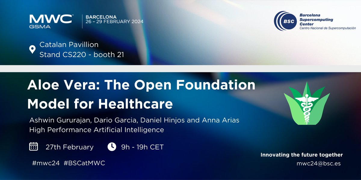 hpai_bsc's tweet photo. We are thrilled to announce that we will be presenting Aloe Vera 🪴, a new open-source language and vision foundation model for healthcare, at the Mobile World Congress 2024 @MWCapital . 

Join us at the @BSC_CNS  booth 21 on Feb. 27th-28th to watch the demo and interact with it! https://t.co/skWvcaAMQr