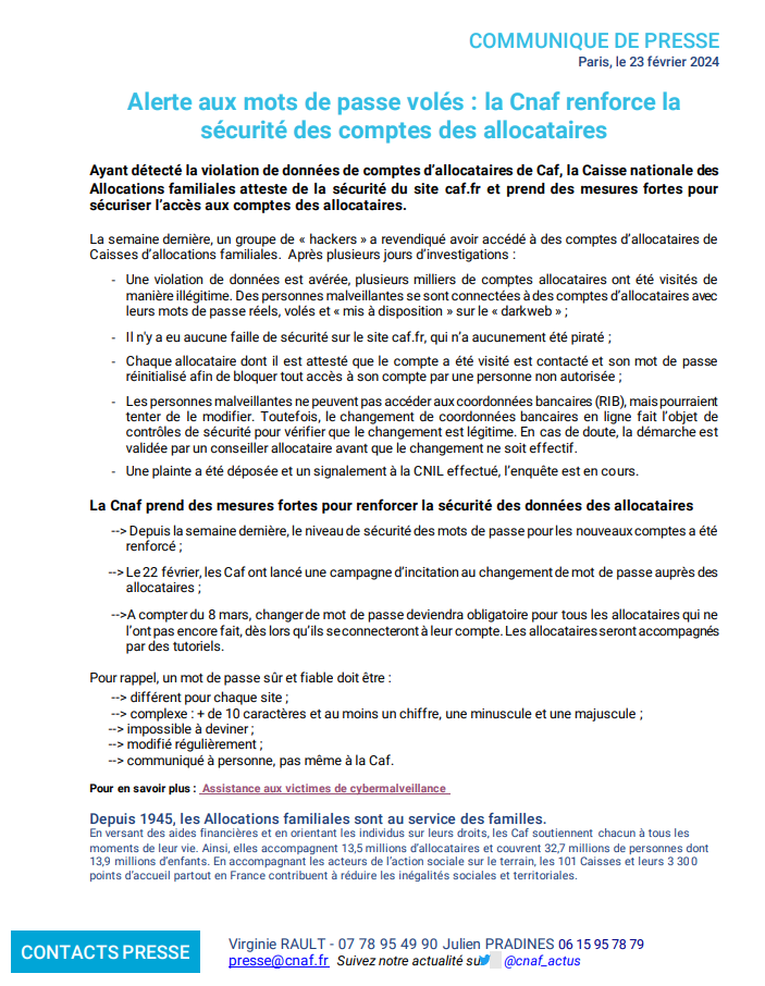 cnaf_actus's tweet photo. #Presse 🗞️ #cybersecurite 💻

Face aux risques de cyber-malveillance, la Cnaf renforce la sécurité des comptes de ses allocataires.

✅Incitation à la mise à jour du mot de passe
✅Mise en place d'un mot de passe + complexe d'au moins 10 caractères.

https://t.co/6kQifOudbR https://t.co/BYCsXDEuvu