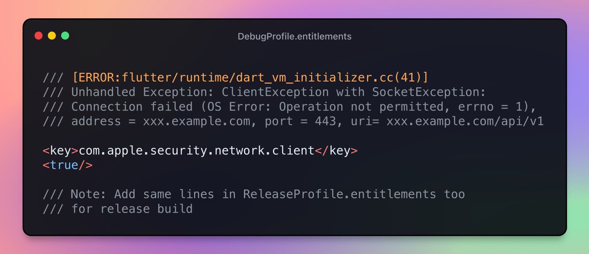 😎 A Tip for Flutter Dev - Developing for macOS App 🥳

Add following lines before doing network operations on macOS Apps.

#FlutterTip #FlutterDev #macOS #DesktopApps