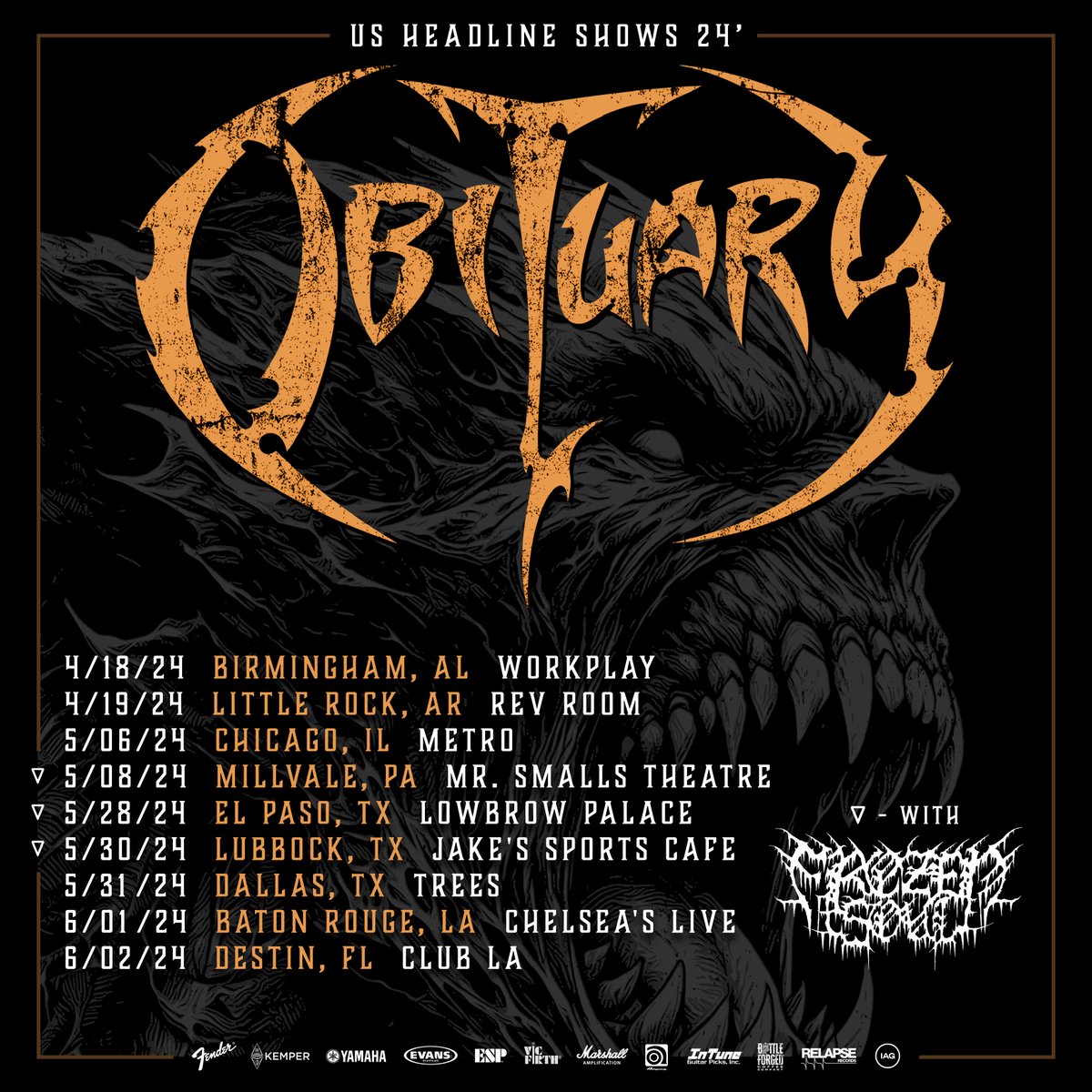 Special OBITUARY headline shows around our North America tour with @AmonAmarthBand, @CorpseOfficial & @Frozensoultx (on select headline dates)! Tickets on sale now at obituary.cc/events.html