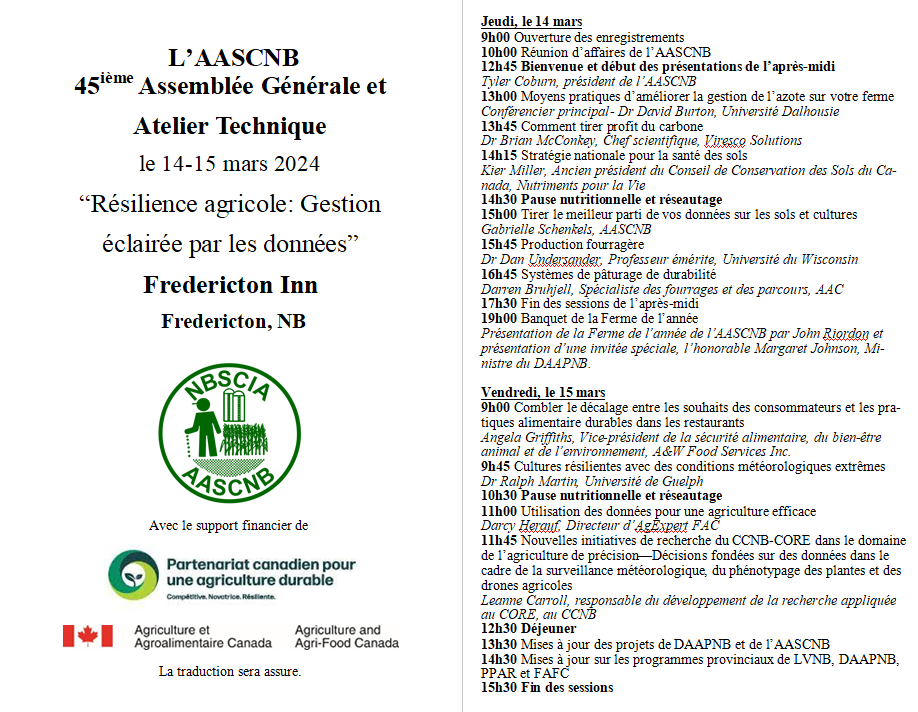 NBSoilandCrop's tweet photo. We are pleased to announce that registration is now open for NBSCIA's 45th Annual General Meeting and Technical Workshop!
We can't wait to see you there!
Register now: https://t.co/4v0Gs20N4Z https://t.co/7RapjS1pty