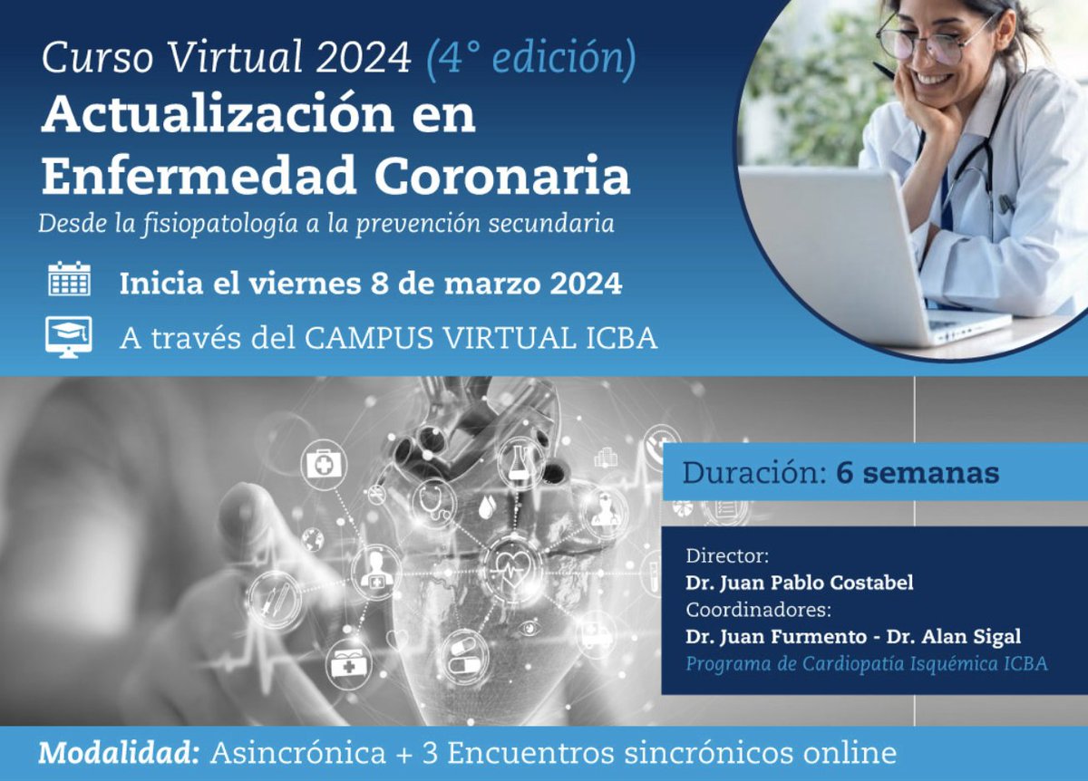 Nueva versión de nuestro Curso de Actualización en Enfermedad Coronaria
👨‍💻On line asincrónico con encuentros por zoom periódicos
☝️6 semanas de duración 
🫀Diagnóstico, tratamiento y prevención secundaria!
Team <a href="/ICBAonline/">ICBA Instituto Cardiovascular</a> 
icba.com.ar/profesionales/…