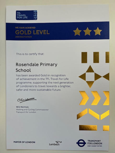 We are super proud to have acheived Gold Level accredition in the TfL Travel for Life Programme. So many in the Rosendale community have contributed to this - our children, staff, families and neighbours. Thank you all. 🛴🚴🚶‍♀️