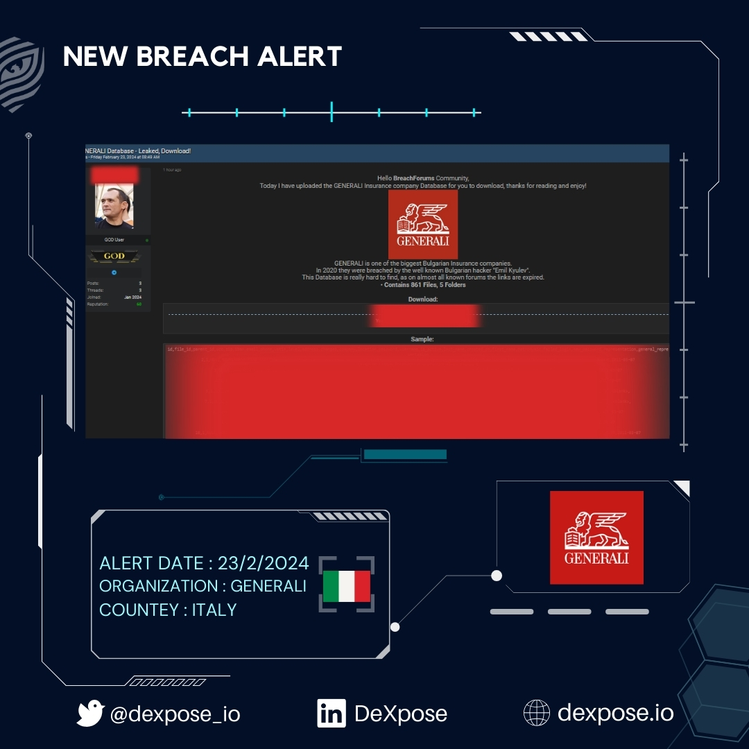 🚨 Potential Breach Alert! 🚨

 We've detected a concerning breach on a monitored hacking forum. A hacker claims to have compromised Generali, disclosing stolen credentials. Stay vigilant! 

#Cybersecurity #Ransomware #DarkWebMonitoring #DeXpose