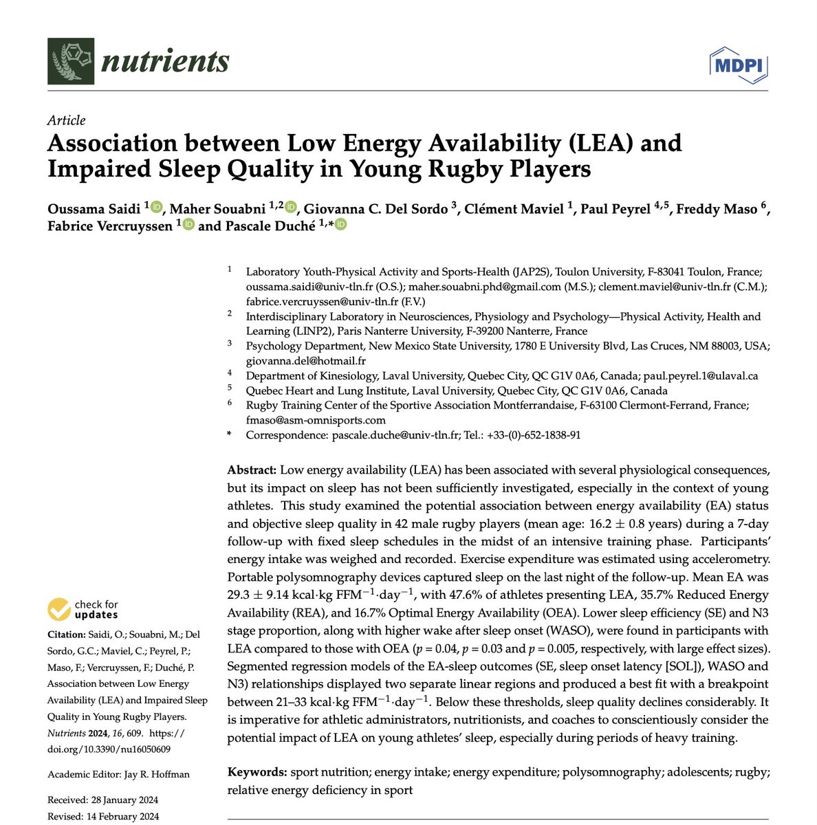 JAP2S_Lab's tweet image. 🚨NEW PAPER🚨
Association between Low Energy Availability (LEA) and Impaired Sleep Quality in Young Rugby Players 🏉

Well done @SAIDIOu94786109 and his collaborators.

🤝🏼 open-access paper 🛠️
PAPER LINK 👉🏼 mdpi.com/2072-6643/16/5…