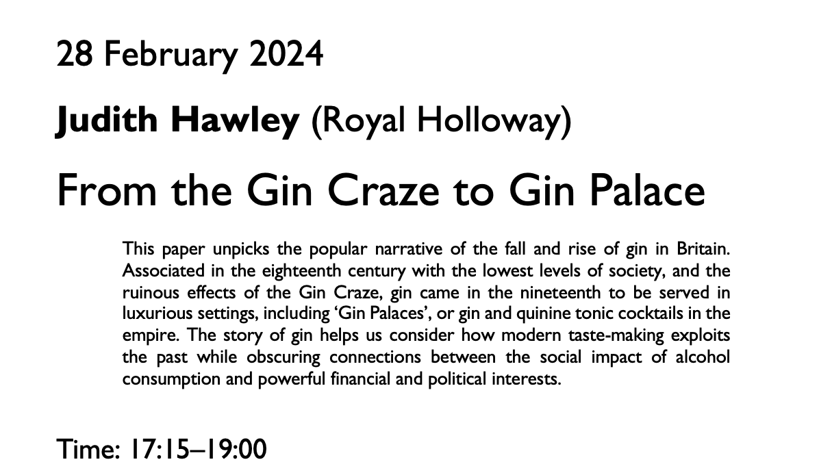 QMCECS Seminar: Wed 28 February 5.15pm: Prof Judith Hawley (RHUL) on the new history of gin in Britain. In-person at Mile End (GC.222) and online. All welcome. More info and signup here: t.ly/_dknJ