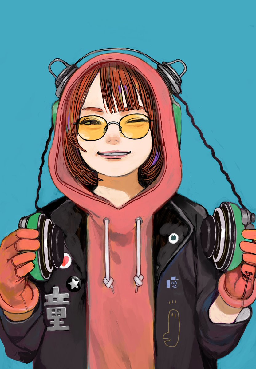 1girl hood solo headphones gloves hoodie smile  illustration images