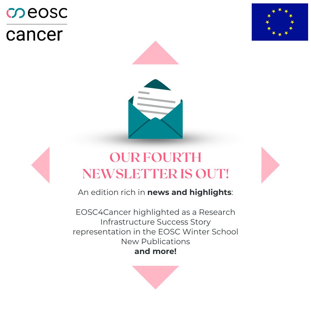 📢 EOSC4Cancer's fourth newsletter is out! Read about our project being highlighted as a Research Infrastructure Success Story, the #EOSCWinterSchool, new publications, and more Check it out: emp.onl/dYVoY Subscribe to receive each instalment: eosc4cancer.eu/newsletter/