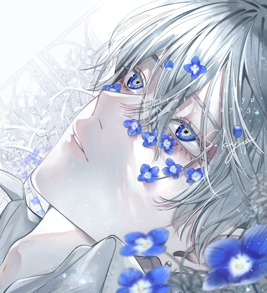 jewelry 1boy solo male focus short hair blue eyes white hair  illustration images