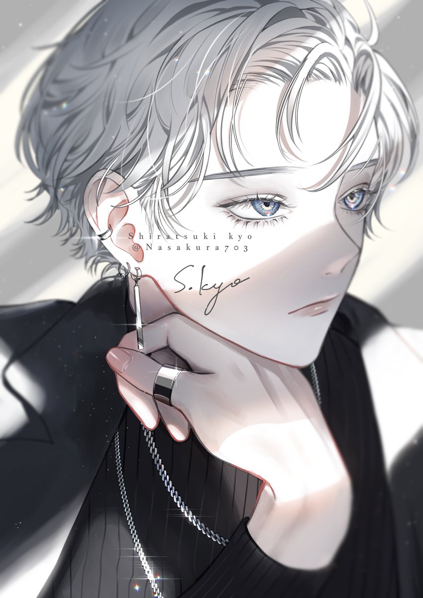 jewelry 1boy solo male focus short hair blue eyes white hair  illustration images