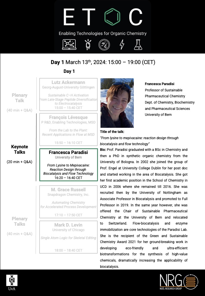 The second keynote of the first day will be delivered by Francesca Paradisi (@ParadisiResLab) from @DCBPunibern @unibern. She will give a lecture about cutting-edge biocatalysis and how it can be enabled by using flow chemistry! Register now! uva-live.zoom.us/webinar/regist…