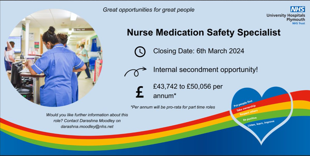 This is an exciting opportunity for a nurse to join our innovative and multi-skilled medicines safety team. If you are a nurse looking for a new challenge and to enhance your medicines safety skills, we would love to hear from you! @DerrifordNurses @Derrifordjobs