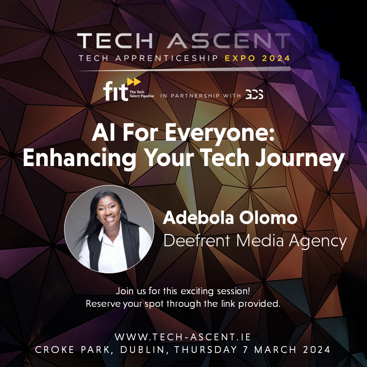 RecruitmentGcs's tweet photo. We look forward to welcoming Adebola Olomo, CEO of Deefrent Media Agency, as another speaker at Tech Ascent 2024! Join us on Thurs, 7th March at Croke Park and register FREE: https://t.co/gHVtp9xecF #techascent #techascent2024 #techapprenticeship #earlycareers #dublintech https://t.co/C7aTBnGFqJ