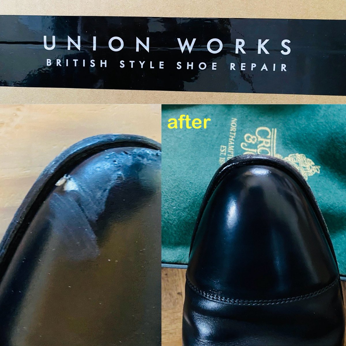 hitoshikoyama's tweet photo. 森ちゃんのcrockett jones 頼まれて
@unionworks1996 さんに
トゥのキズ修理をお願いしていました。
素晴らしい仕上がりで返ってきました。
すごい技術です。
#unionworks https://t.co/dGJ922e77w