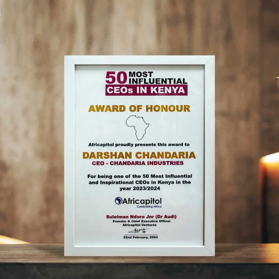 Last night, I was recognised as 1 of the Top 50 Most Influential & Inspirational CEOs in Kenya by @africapitol_g. I would like to dedicate this to my entire team at Chandaria Industries & Chandaria Group for their hardwork and commitment to our vision. I hope this also inspires