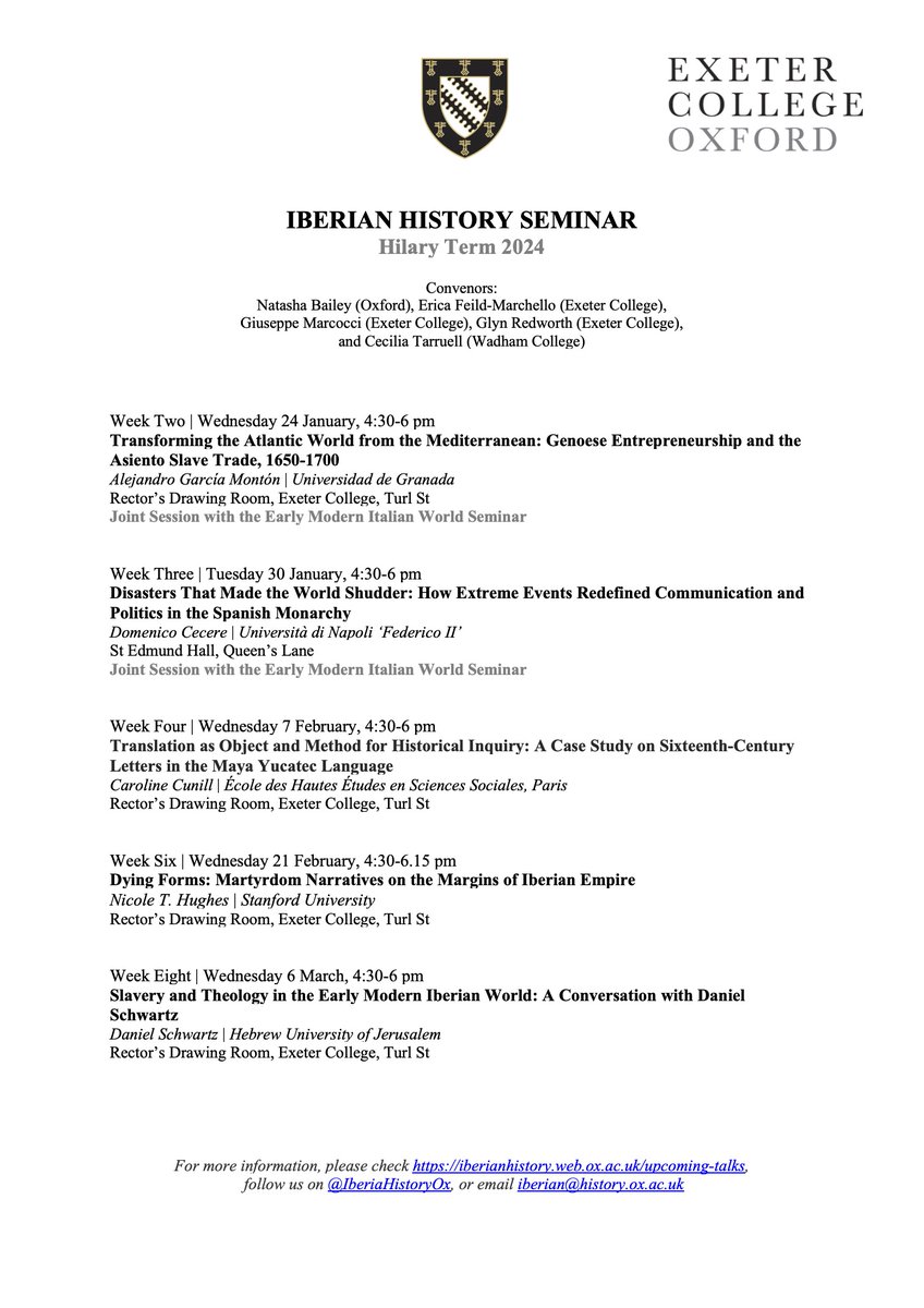 The termly programme of the Oxford's Iberian History Seminar has been updated! For details: iberianhistory.web.ox.ac.uk/iberian-histor… @OxfordHistory @oxfordglobhist @ItalianHistOx @LACOxford @OxfordSpanish @TORCHOxford @OxMedStud @ExeterCollegeOx