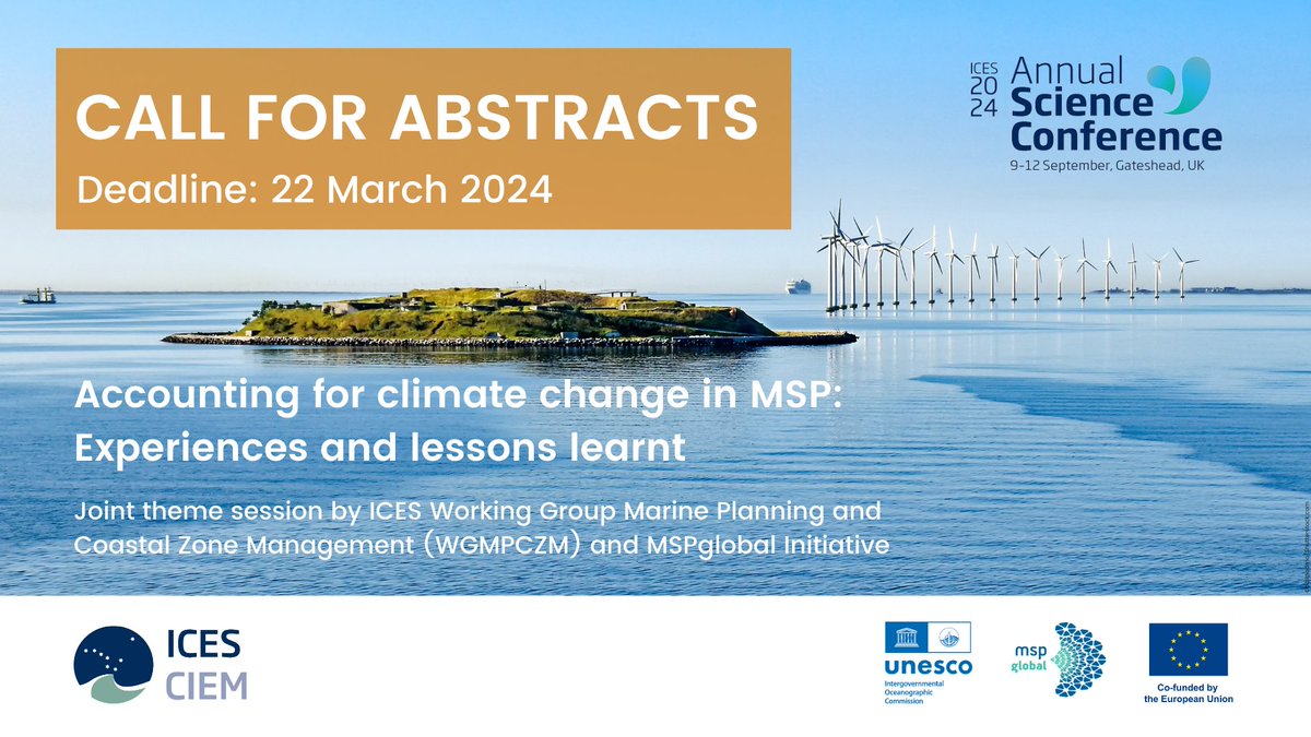 📢The call for abstracts for #ICESASC24 is now open!

#MSPglobal community, you can send in your abstracts for the theme session ‘Accounting for Climate Change in Marine Spatial Planning: Experiences and lessons learnt’: tinyurl.com/vejzxu88