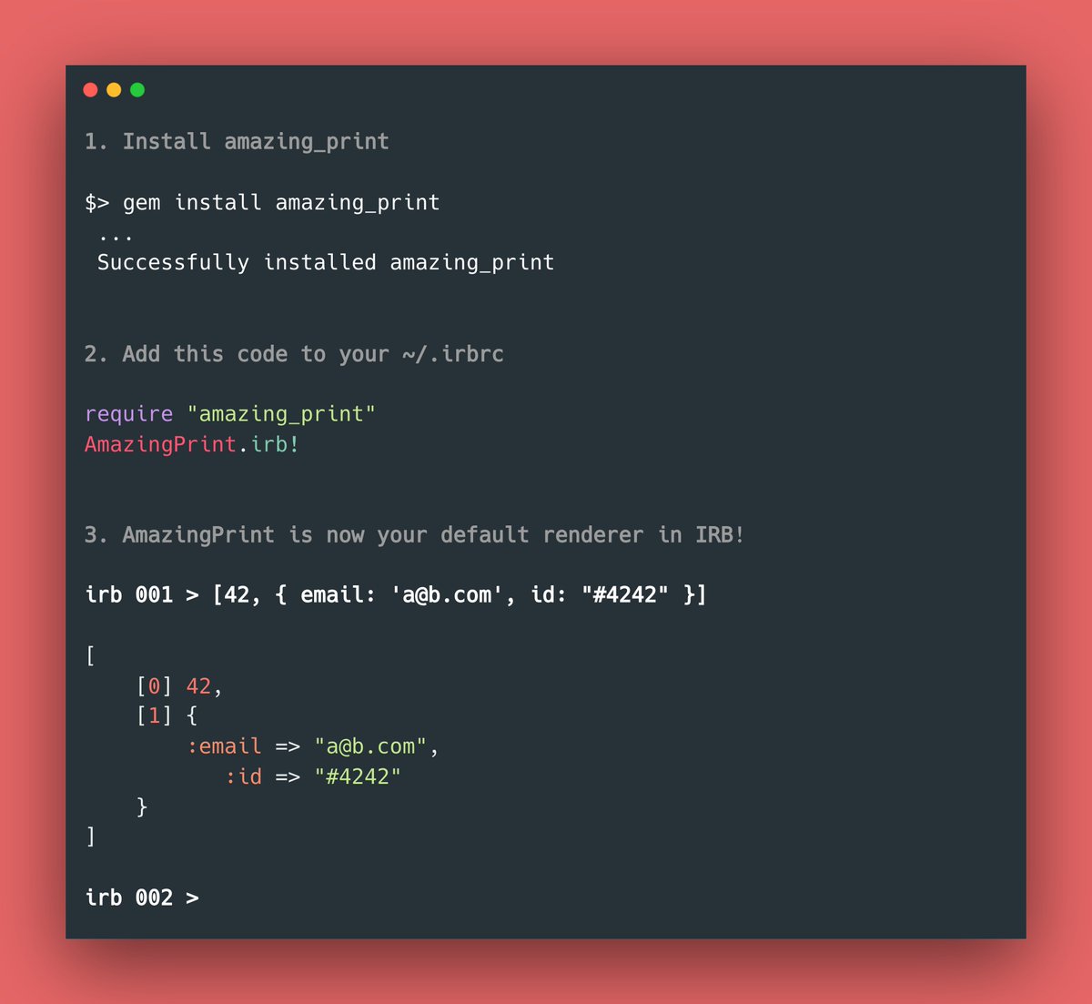 RubyCademy's tweet image. ✨ RAILS PRO TIPS ✨
Did you know that you can set amazing_print as your default renderer in IRB? ✨💫
🔗 rubycademy.com
#rubyonrails #railsconsole #irb