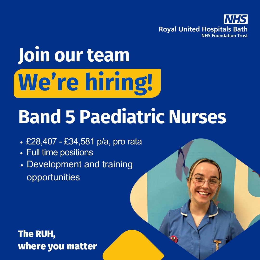 RUH Bath Careers (@ruh_careers) on Twitter photo We're hiring Paediatric Nurses to join the Children's Department <a href="/RUHBath/">RUH Bath ๐ฅ</a> ๐
We welcome applications from experienced Paediatric Nurses, newly qualified nurses and student nurses qualifying in 2024.
Learn more about the role: ruh.nhs.uk/careers/vacancโฆ We're hiring Paediatric Nurses to join the Children's Department <a href="/RUHBath/">RUH Bath ๐ฅ</a> ๐
We welcome applications from experienced Paediatric Nurses, newly qualified nurses and student nurses qualifying in 2024.
Learn more about the role: ruh.nhs.uk/careers/vacancโฆ