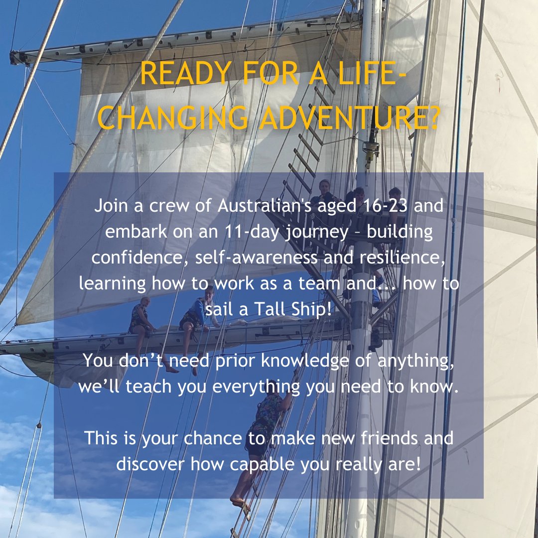 Check out our website for more info or to apply! 
➡️youngendeavour.gov.au

Know someone you think should join us for a journey? 
Tag or share this post with them! 

#YoungEndeavour #AusNavy #YourADF #YouthOpportunities #Sailing #TallShips