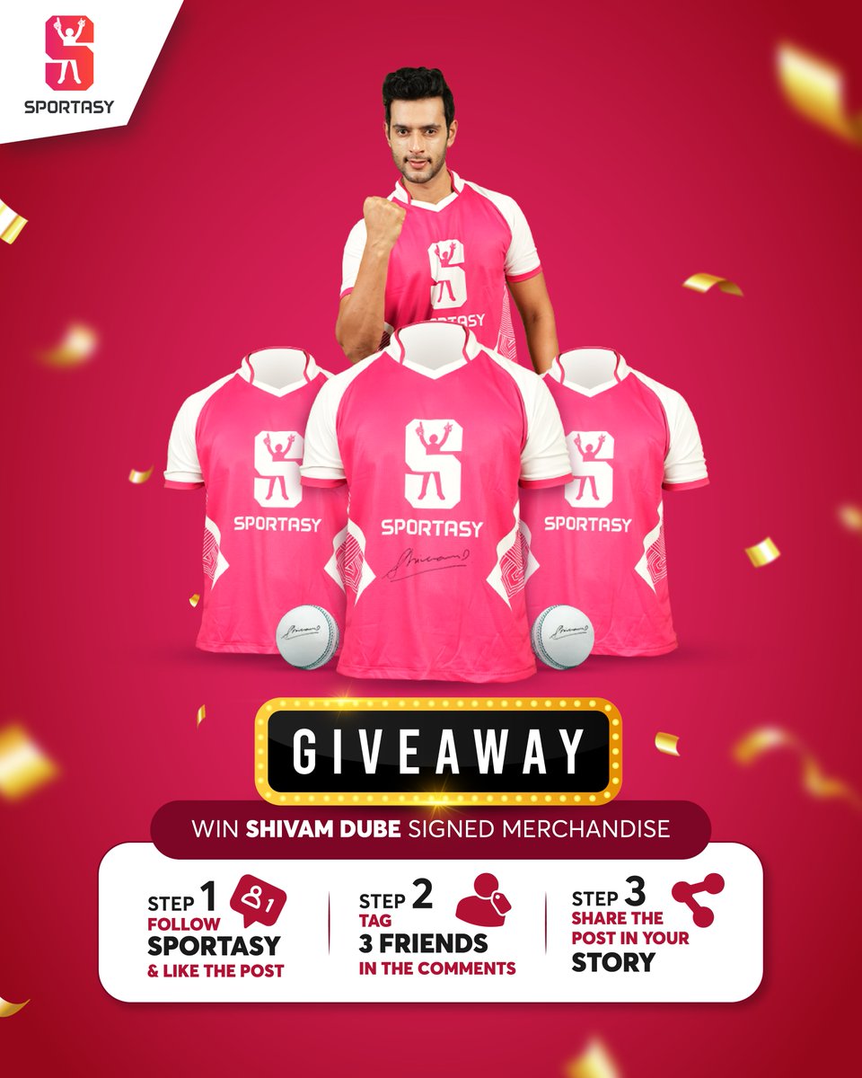🎁𝗚𝗜𝗩𝗘𝗔𝗪𝗔𝗬 𝗔𝗟𝗘𝗥𝗧 You could be one of the lucky winners to get Shivam Dube's Signed Jersey. Follow @Sportasyoffl, retweet the post & tag 3 friends in the comments #Sportasy #Giveaway #Contest #YehaiChampionsKaKhel #ShivamDube @IamShivamDube