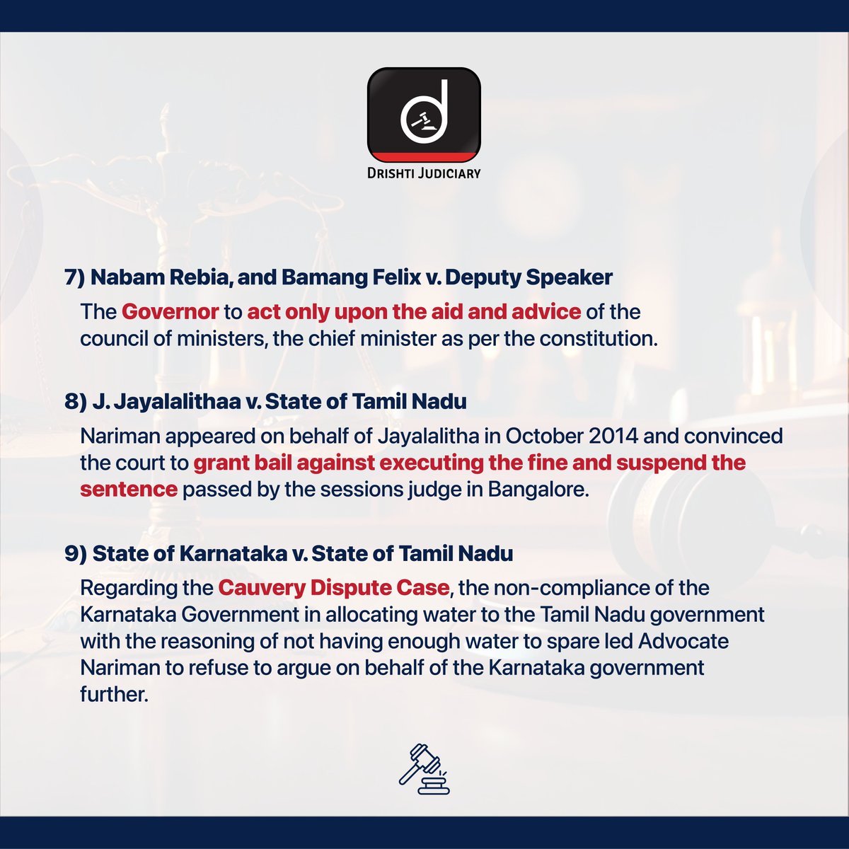 Remembering Fali S. Nariman, through his landmark cases that shaped India's legal landscape. Swipe to learn about a few.

#Jurist #Advocate #Constitution #Law #Lawyer #Article #FundamentalRights #LegalNews #CurrentAffairs #LandmarkCases #Judgements #TeamDrishti #DrishtiJudiciary