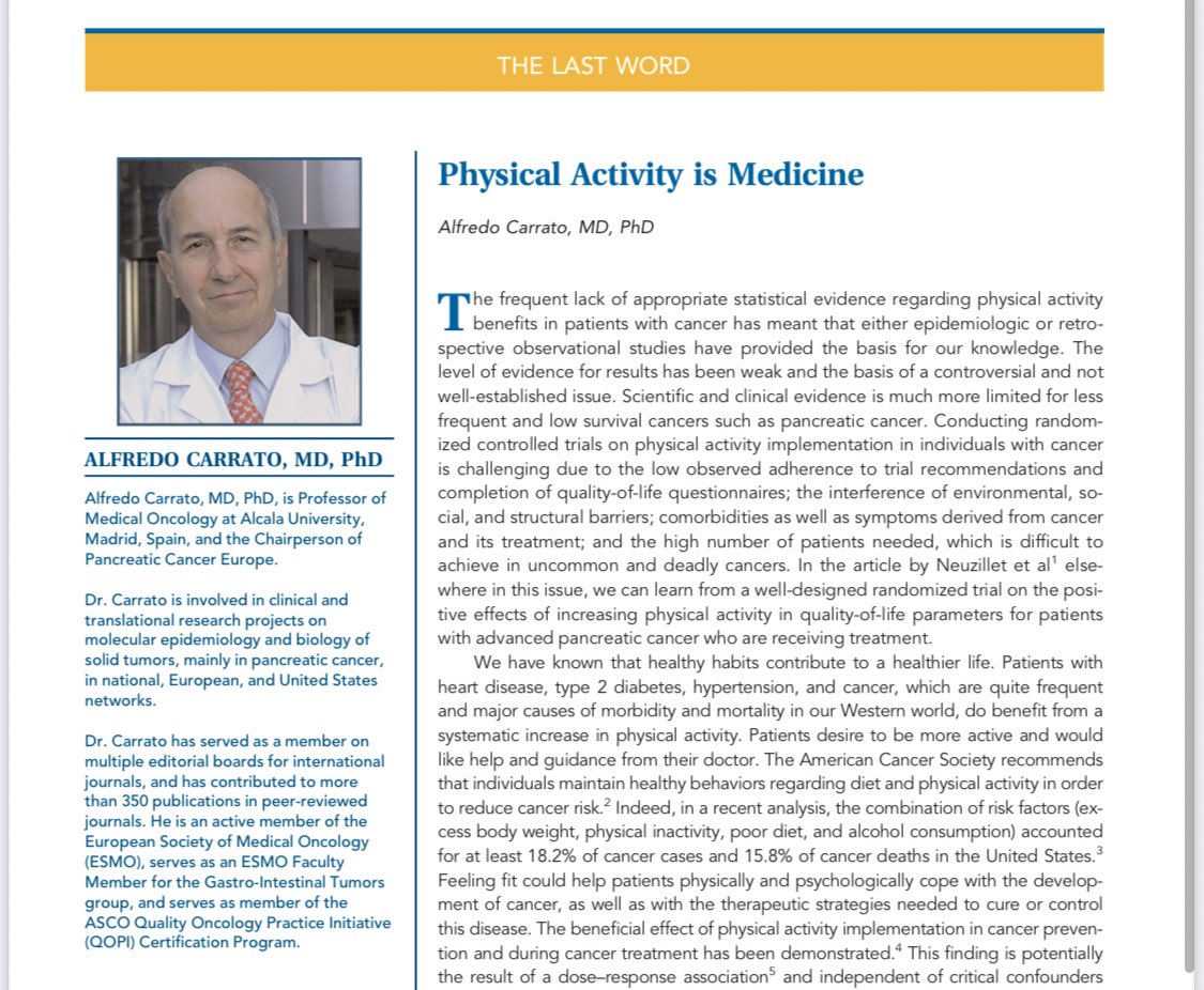 Physical activity is medicine. Outstanding #ExerciseOncology paper by @AlfredoCarrato @JNCCN He brilliantly summarized the current knowledge in the field, highlighting #exercise as the most #CostEffective medical intervention w no #FinancialToxicity 👉 jnccn.org/view/journals/…