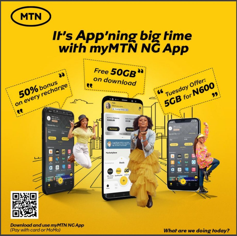 We've got amazing offers on myMTN NG App just for you! 😎 Enjoy FREE 50GB data on new downloads, 50% bonus on every recharge, and so much more! Click here >> mtnapp.page.link/myMTNNGApp to download and recharge or buy a data bundle. #myMTNNGApp #YelloPOTD