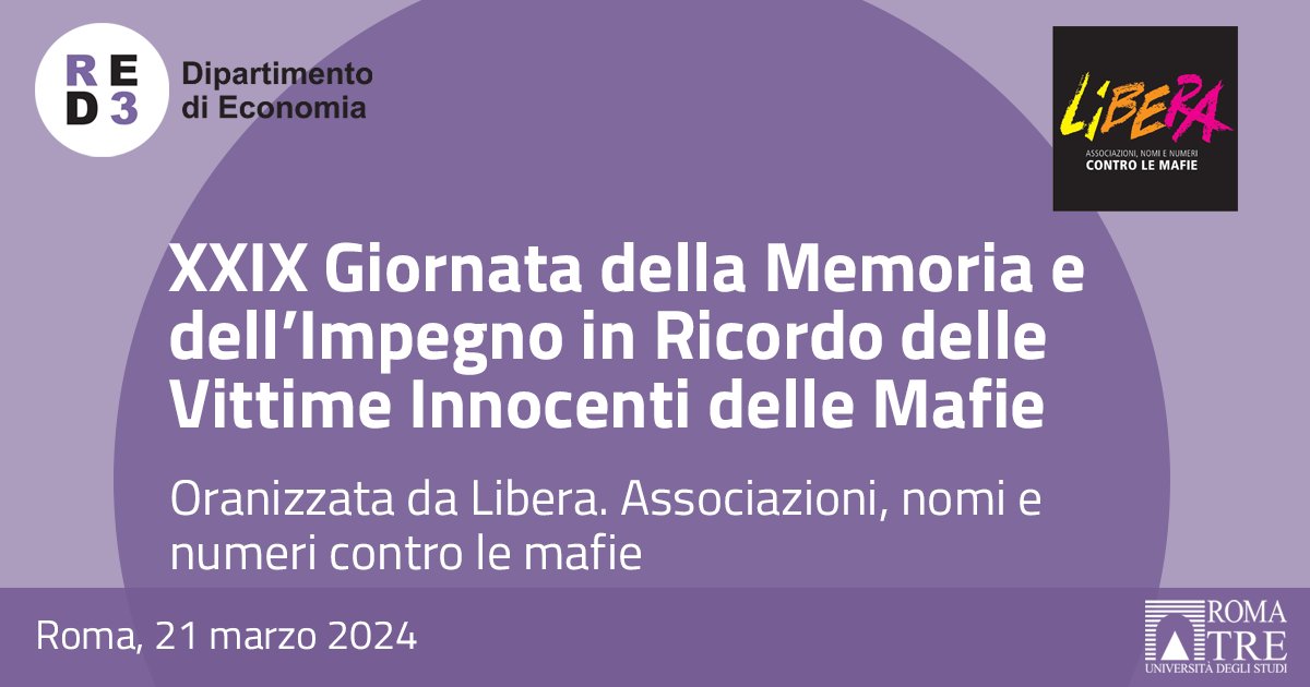 📢 La Comunità Accademica tutta aderisce alla Giornata della Memoria e dell'Impegno in ricordo delle vittime innocenti delle mafie ed invita a partecipare alla marcia del 21 Marzo.
ℹ Maggiori informazioni qui bit.ly/3URhAJQ e sul sito di libera bit.ly/3uKSUYH