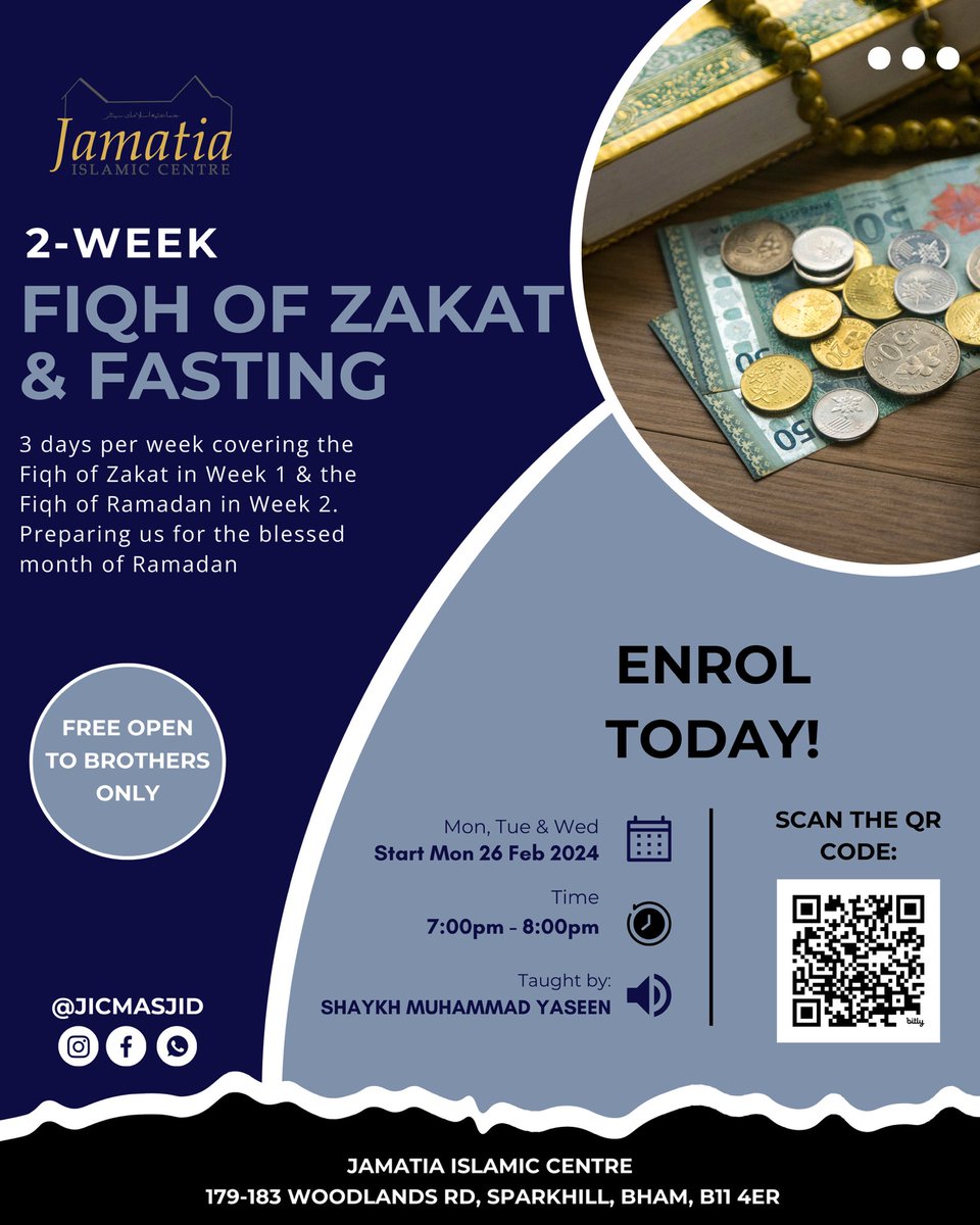 JICMosque's tweet photo. We are thrilled to announce the launch of a free 2 week Fiqh of Zakat &amp; Fasting Course!

Days: Mon, Tue &amp; Wed on both weeks
Time: 7:00pm - 8:00pm
Teacher: Shaykh Muhammad Yaseen

https://t.co/ERp3BLAJtN https://t.co/wDcCCPSrRu