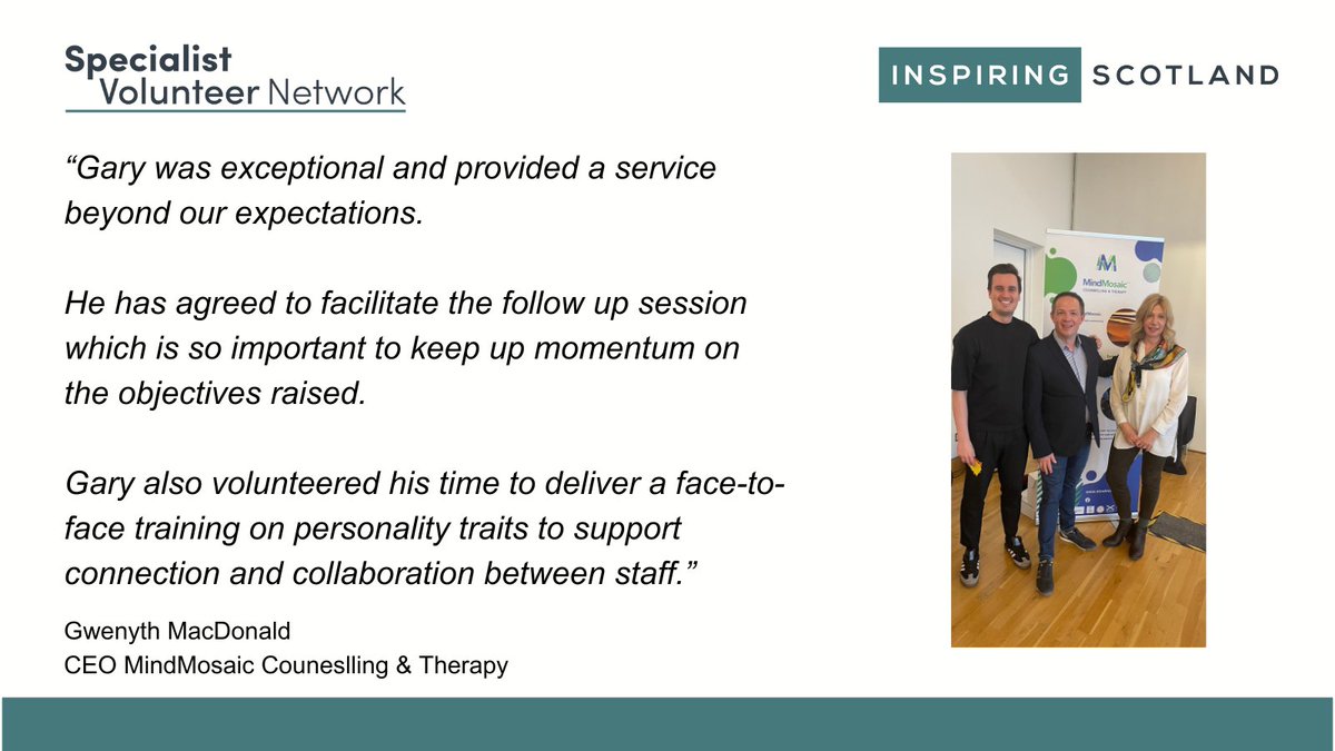 Making space for strategy 📈 Specialist Volunteer Gary Muir recently used his expertise to facilitate a strategy session for @SOCASfund charity partner @_Mindmosaic, helping them set objectives & think about the big picture. Here's what they had to say about Gary's support 👇