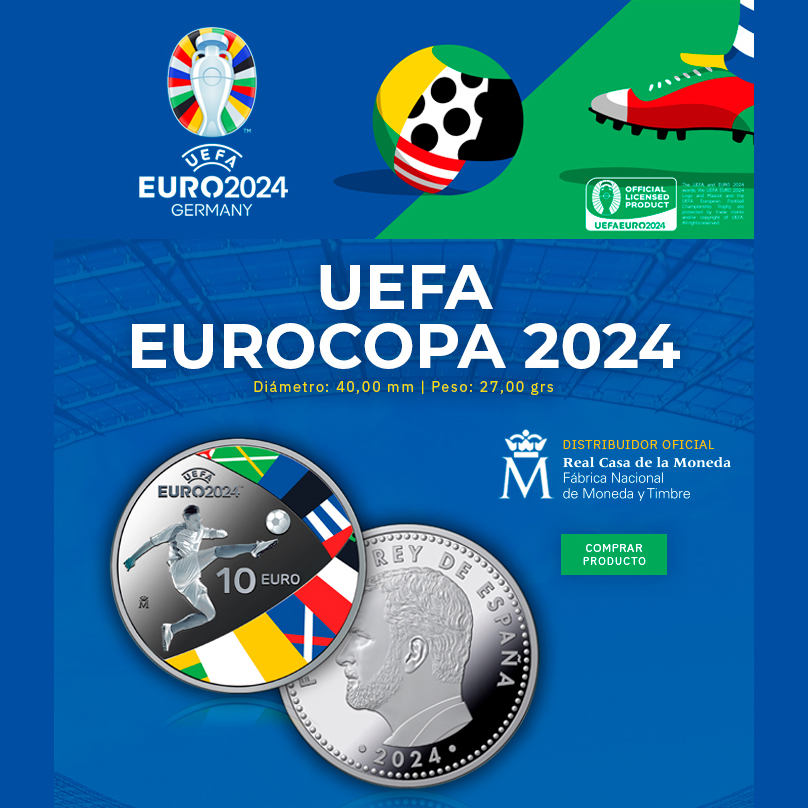 Moneda de plata UEFA Eurocopa 2024 con valor facial de 10 euros. Acuñada por la FNMT en 2024.
lamasbolano.com/monedas-de-fel…