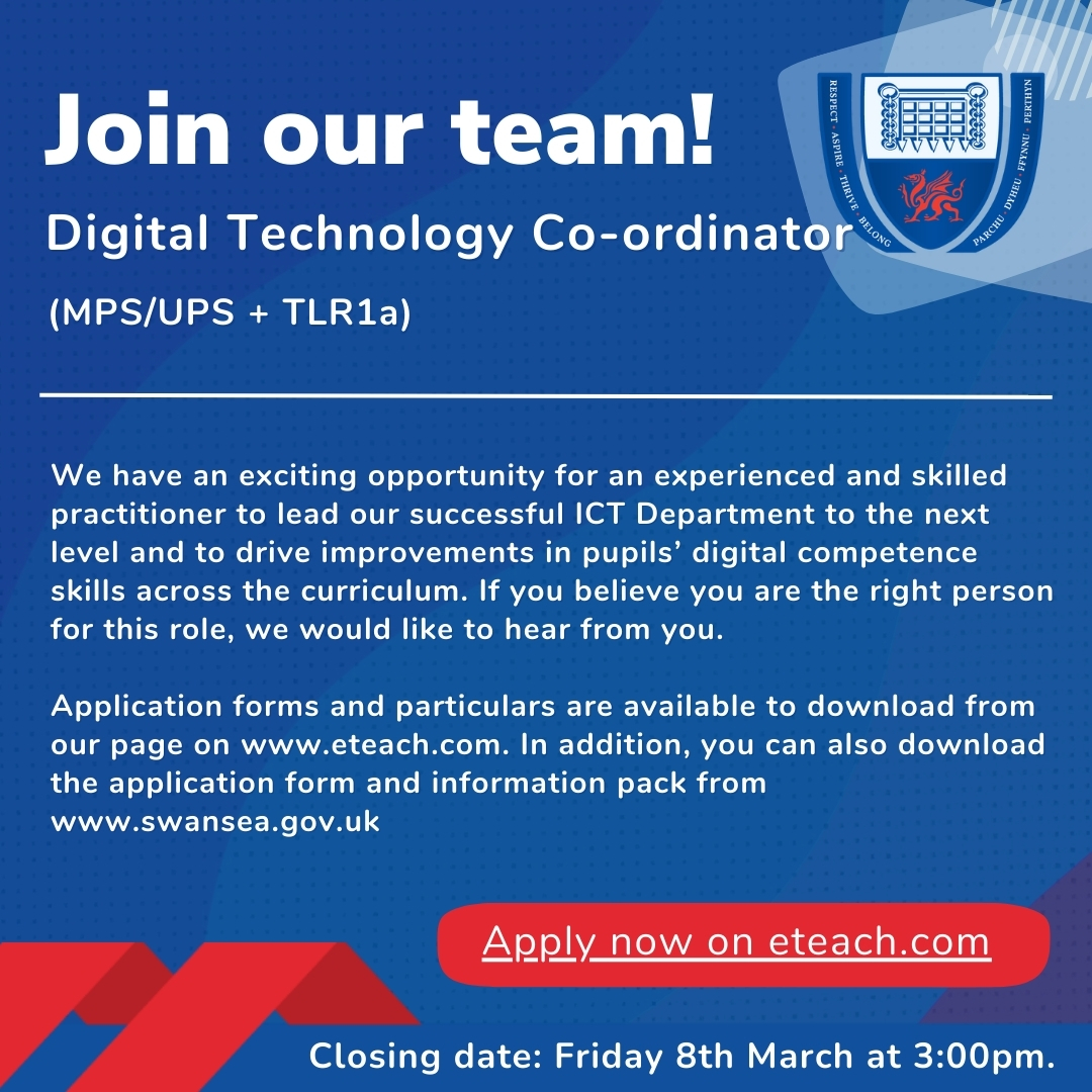 We have an exciting opportunity for an experienced and skilled practitioner to lead our successful ICT Department to the next level and to drive improvements in pupils’ digital competence skills across the curriculum. 
For more info check our link in bio.