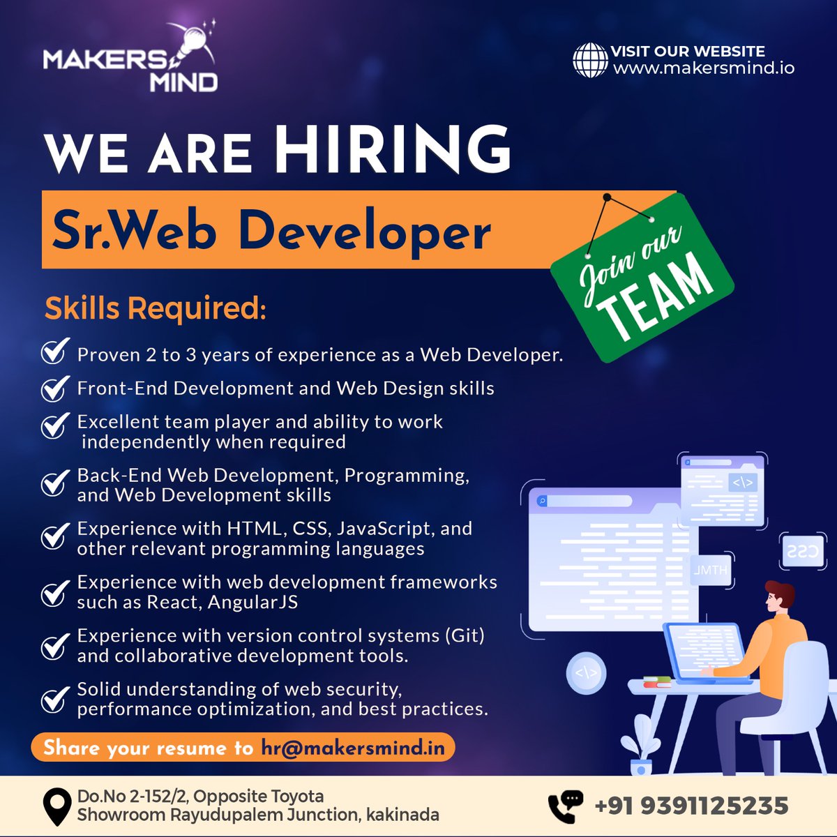 We're hiring a Senior Web Developer to join our team.
.
send your CV to hr@makersmind.in
.
More details:
contact: 9391125235
.
#hiringnow #webdevelopment #wearehiringnow #applynow #SeniorWebDeveloper #HiringWebDeveloper #SoftwareJobs #JoinOurTeam #softwaredevelopmentcompany