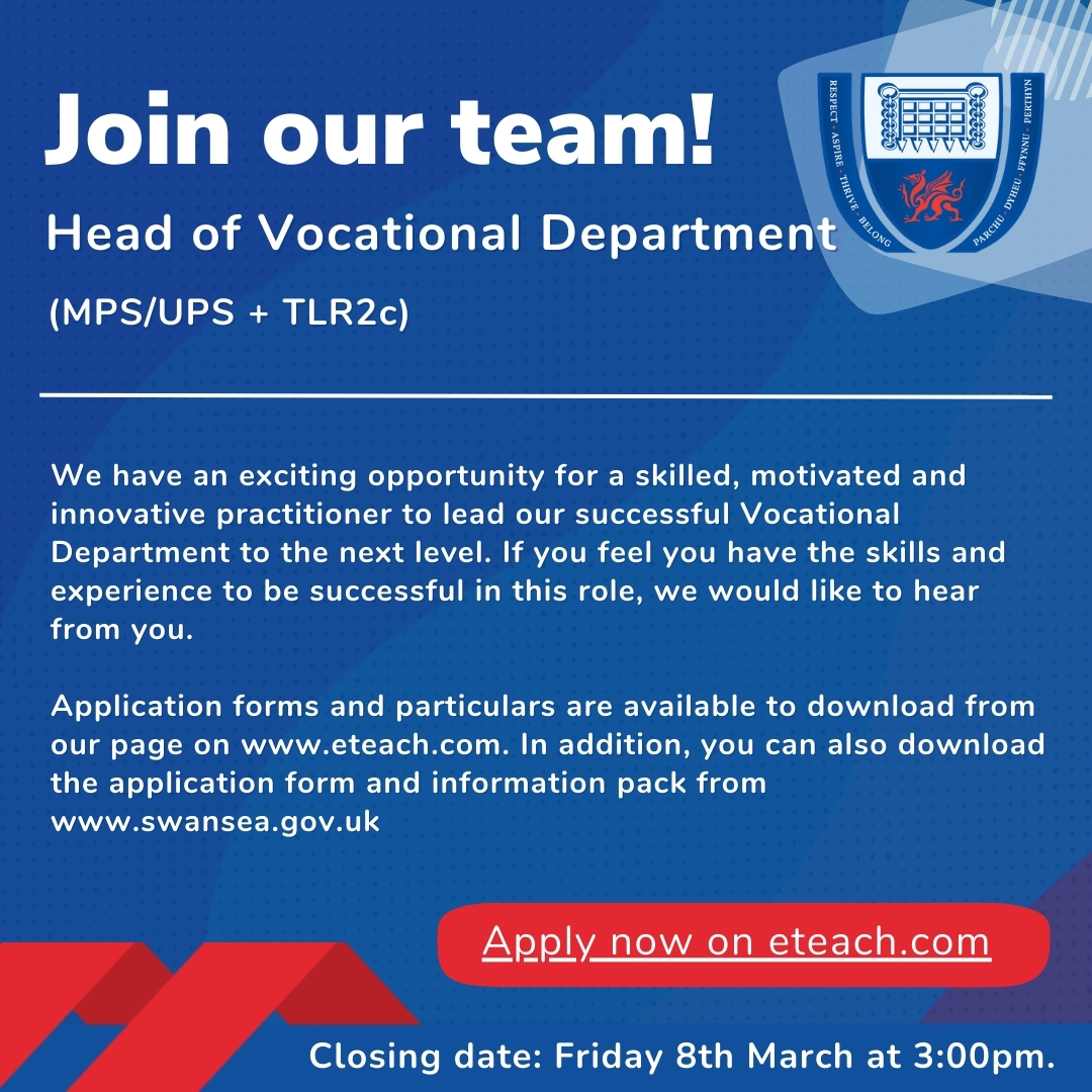 We have an exciting opportunity for a skilled, motivated and innovative practitioner to lead our successful Vocational Department to the next level. 
 
For more information, check our link in bio.