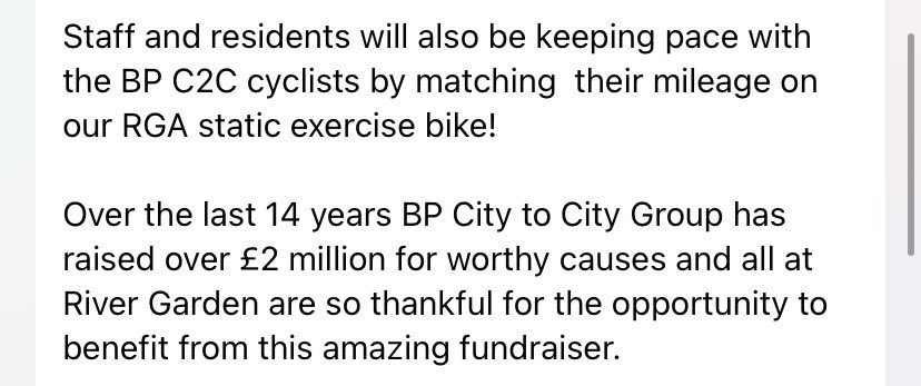 RGA is so grateful and very excited to have been picked as one of four charities being supported by BP C2C Group this year. If you sponsor one of the riders tackling this incredible bike ride then River Garden stands to benefit!