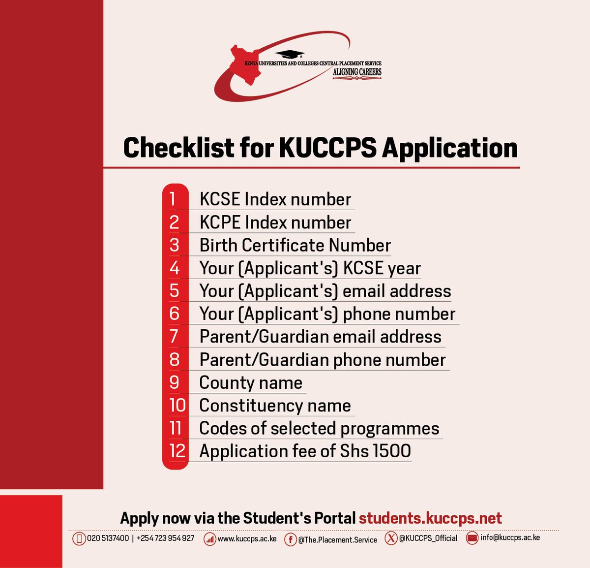 Want to save time on the KUCCPS Portal?  
Ensure you have these before you start your application.

1. Your KCSE Index No. and KCSE year
2. Your KCPE Index No. or Birth Certificate No.
3. Your Phone No. and that of your parent/guardian