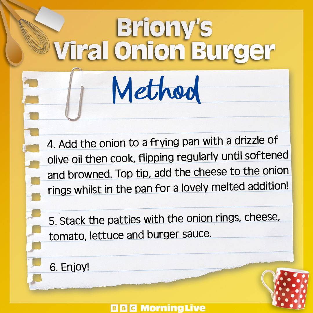 🧅Here’s @brionymaybakes' take on the viral onion burger, where she replaces the bun with onions! You can also find the recipes for her chutney dip and French onion soup by going to the recipe section on the Morning Live website. Give it a go - it’s so good it’ll make you cry!