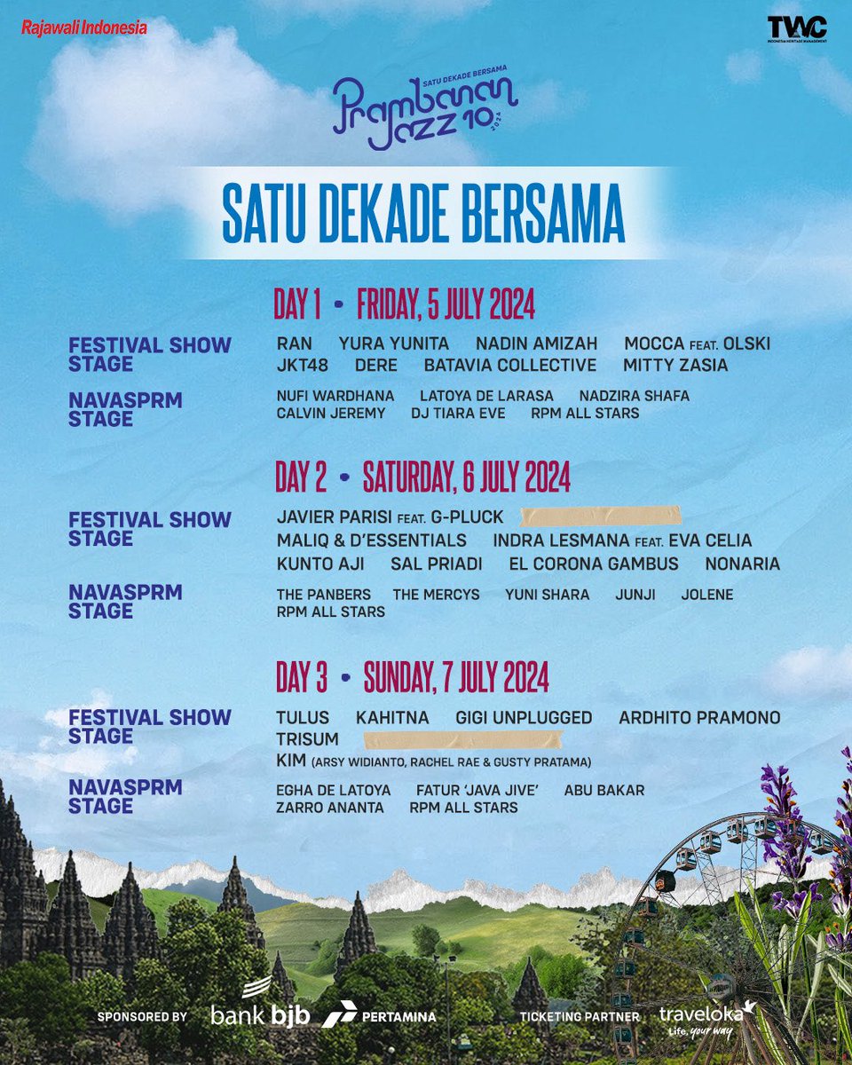 Gather up, PJF lovers! 🌷

Here’s what you’ve been waiting for, more line ups for our 3 days show of Prambanan Jazz Festival #10 2024 “Satu Dekade Bersama”! 

Don’t miss out on all the shows and experience 💃🏼
Get your tickets now only on Traveloka!