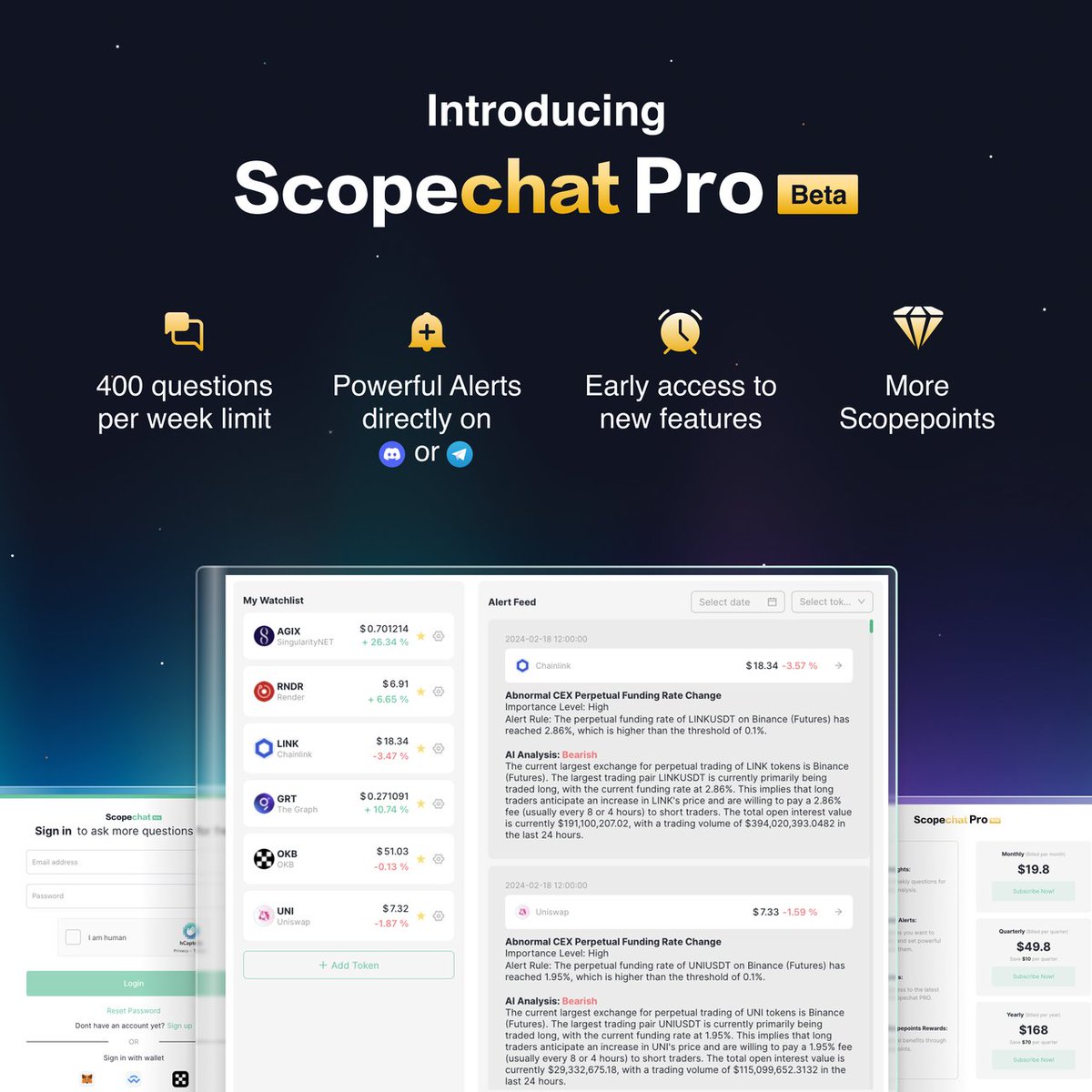 Introducing: 💼 Scopechat Pro 💼 Next-level AI-powered crypto trading. Ask more questions, and get more alpha! Check it out: scopechat.ai/home?referralC… Also: New Scopechat Features! 🚨 Watchlist & Alerts 🖥️ Better, Streamlined UX 📲 Set Alerts on Discord/Telegram More 👇