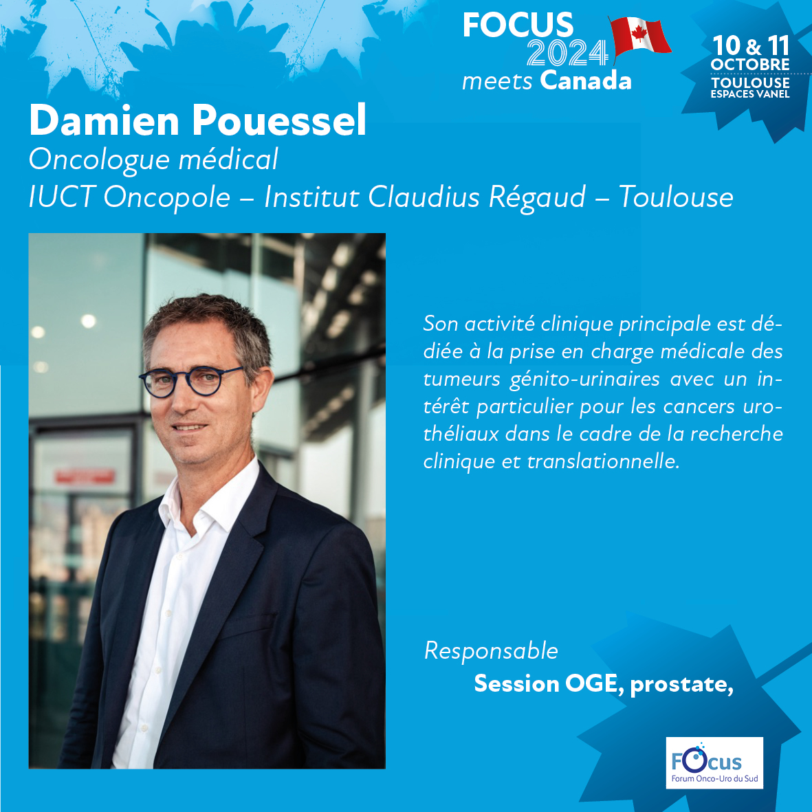 Autre membre du comité organisateur @FocusMeeting @PouesselD, oncologue médical à l'IUCT Oncopole – Institut Claudius Régaud #Toulouse Focus 2024 meets Canada : 10 et 11/10/2024 #Toulouse @jbbeauval @PignotG @GPloussard @MRoumiguie @RoubaudG @PaulSargos